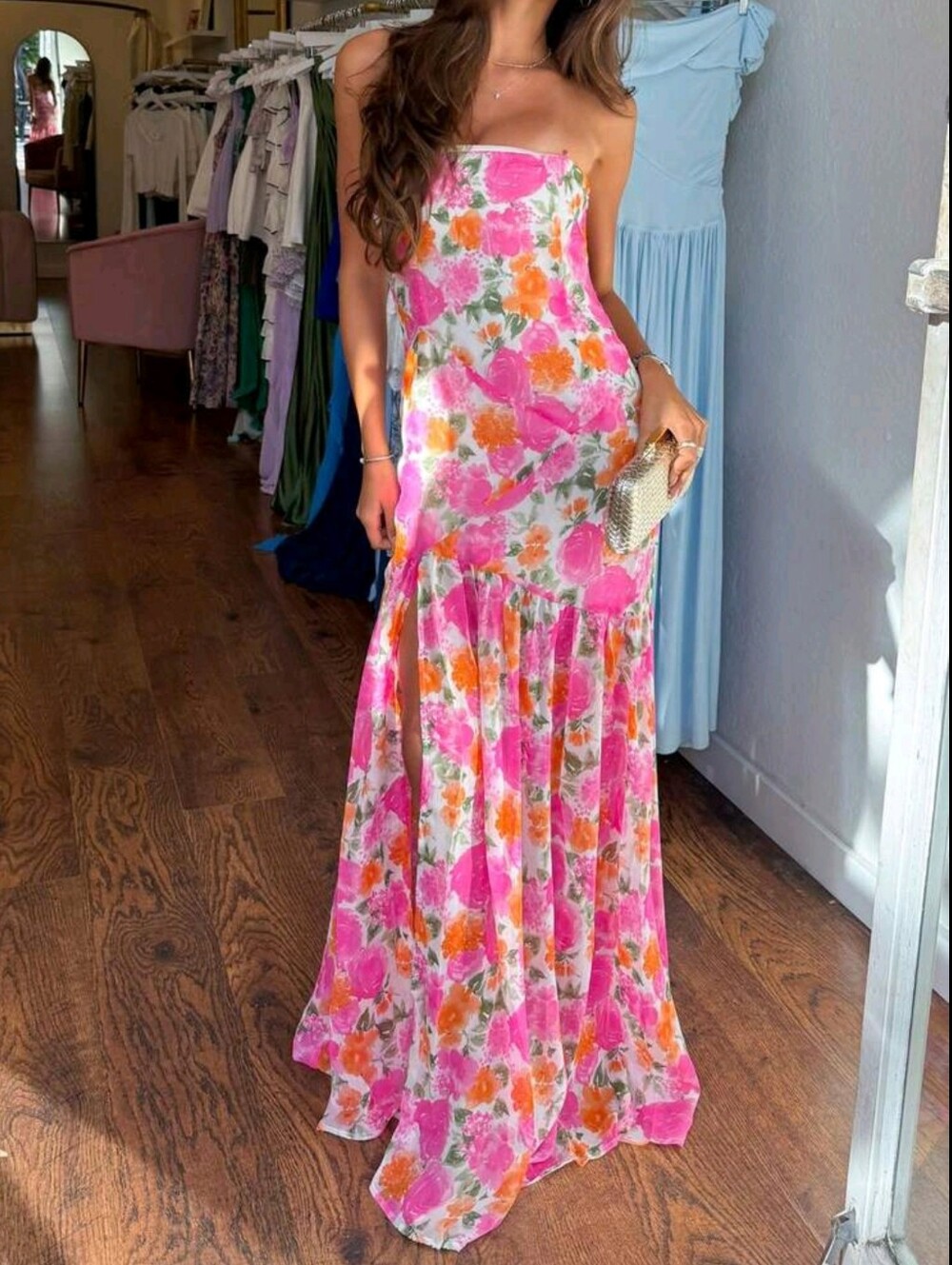 Women Floral Strapless Dress Sexy Backless Bodycon Maxi Long Dress Y2K Sleeveles